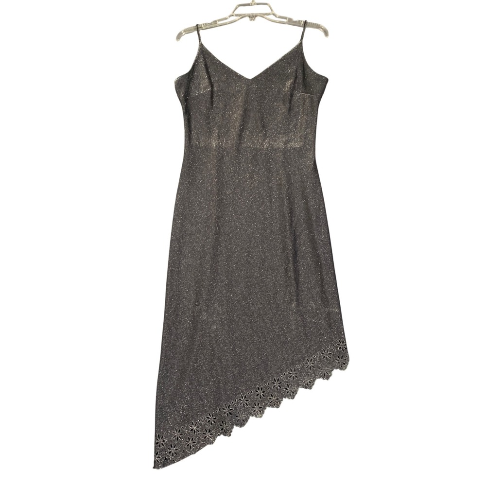 Rampage‎ Dress Womens Large Silver Metallic Asymmetrical Floral Hem Y2K Vintage